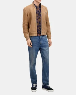 Blouson avec zip en cuir suède beige