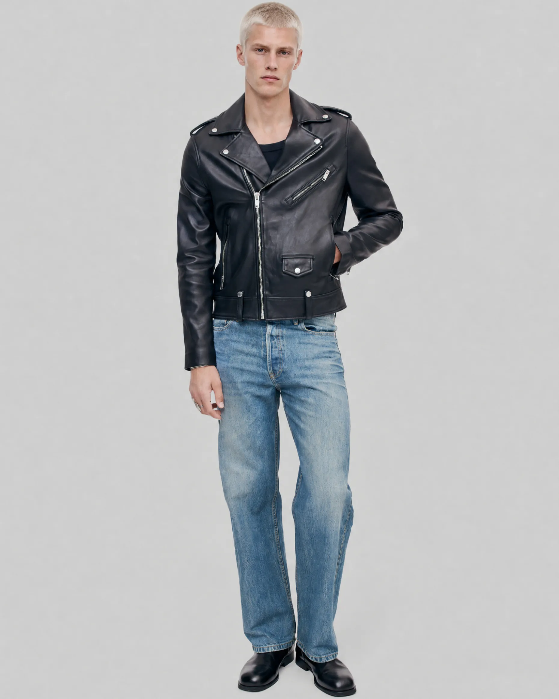 Blouson biker en cuir noir