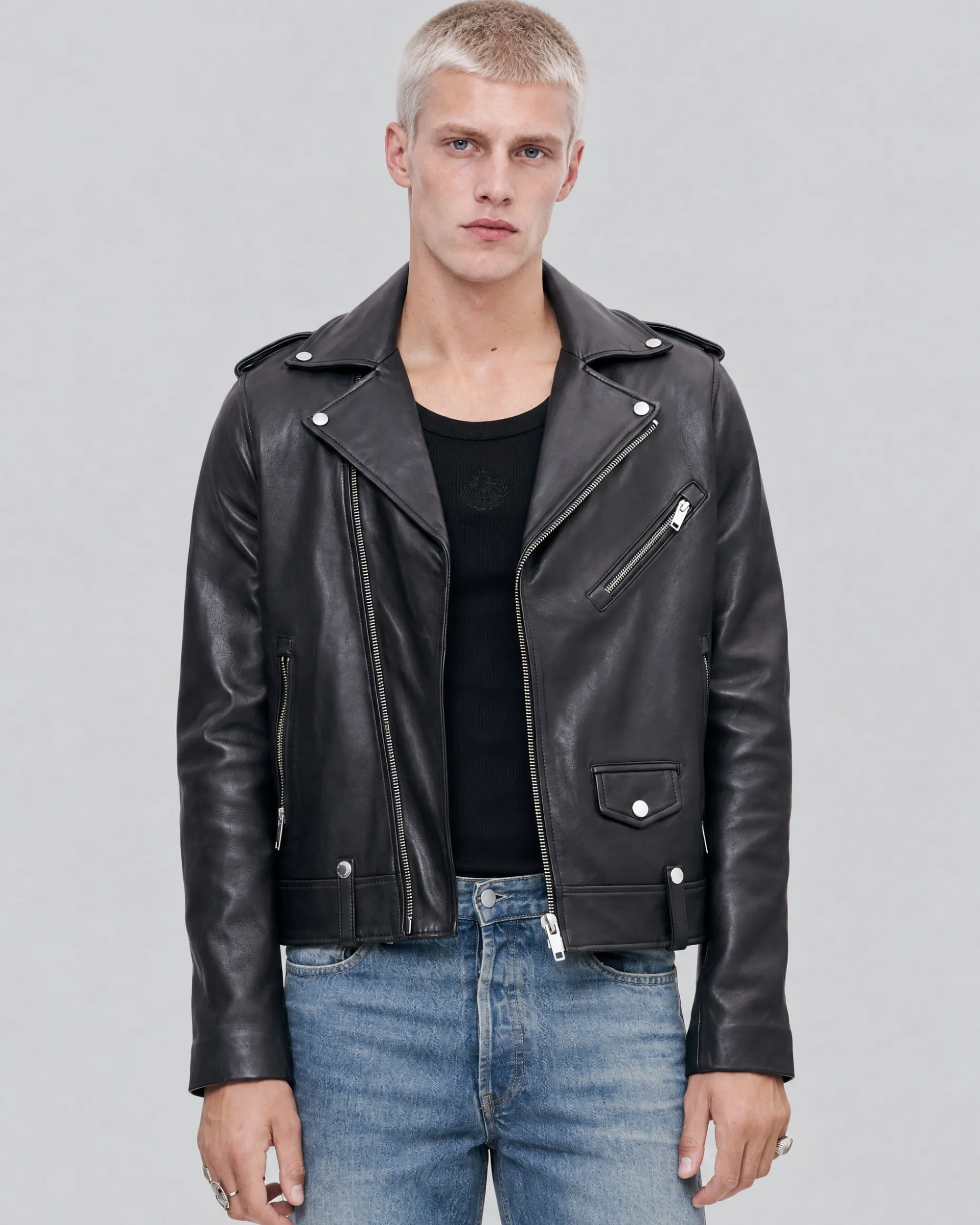 Blouson biker en cuir noir