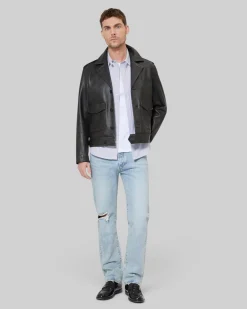 Blouson boutonné en cuir noir