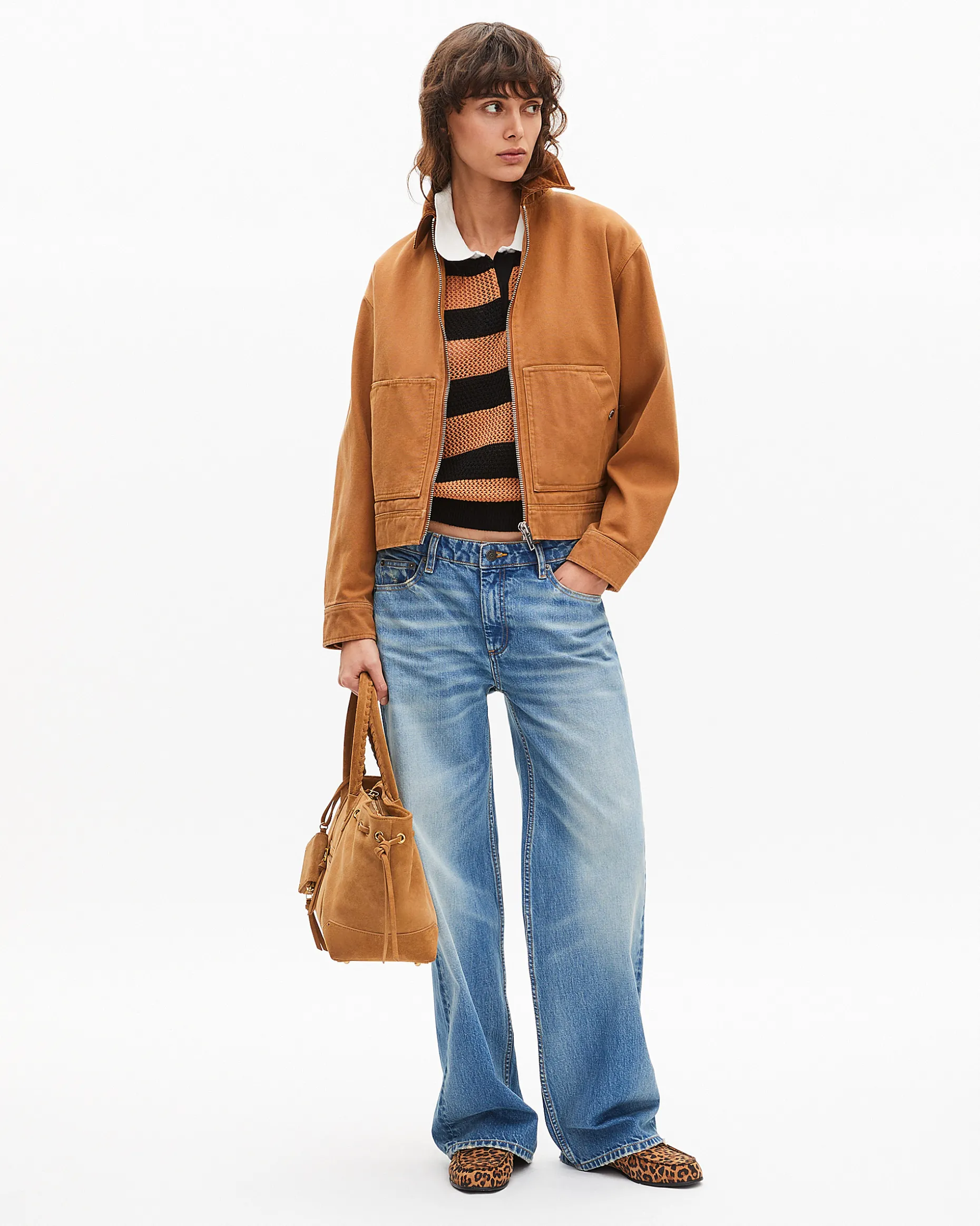 Blouson brodé dos en coton camel