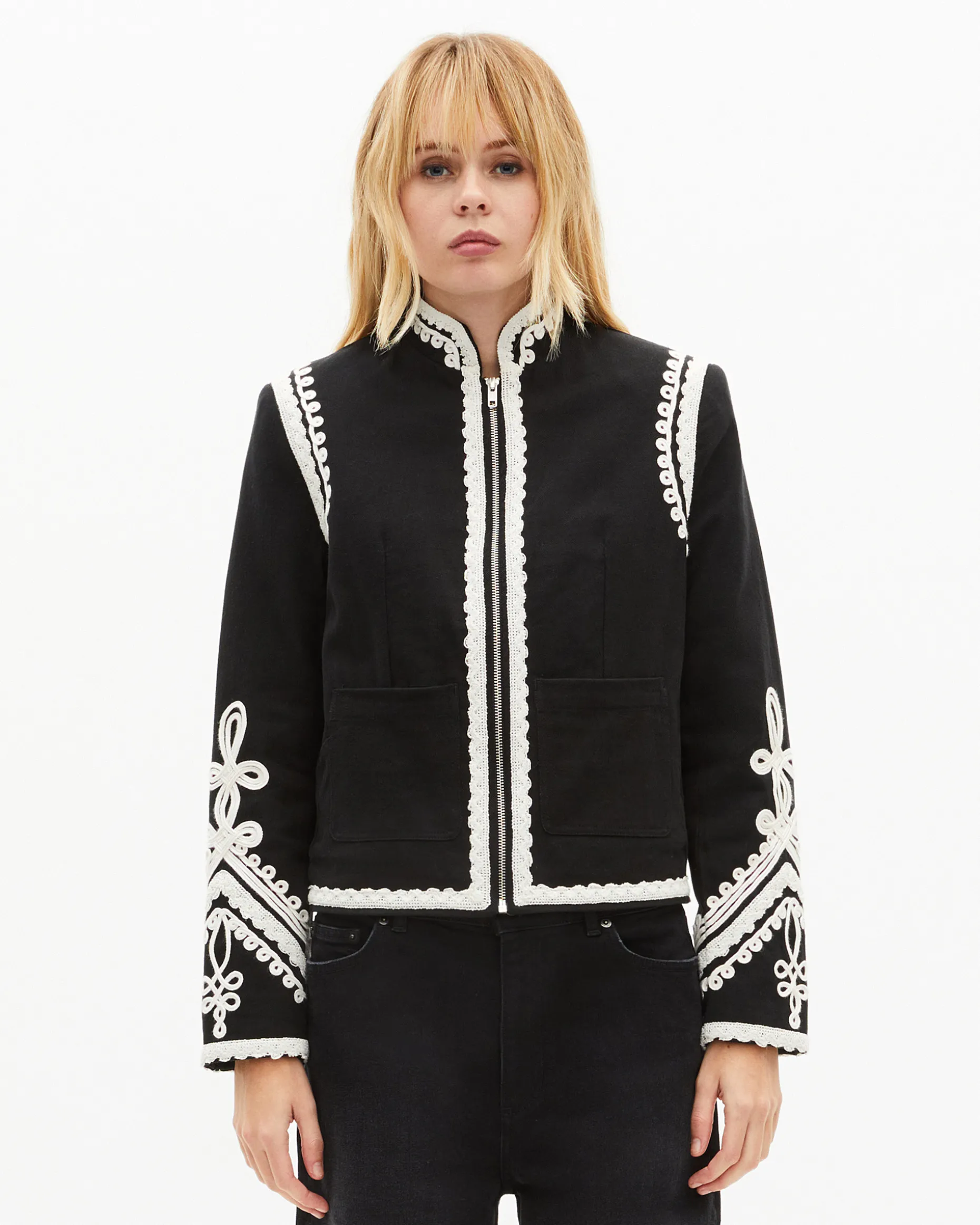 Blouson brodé en coton noir