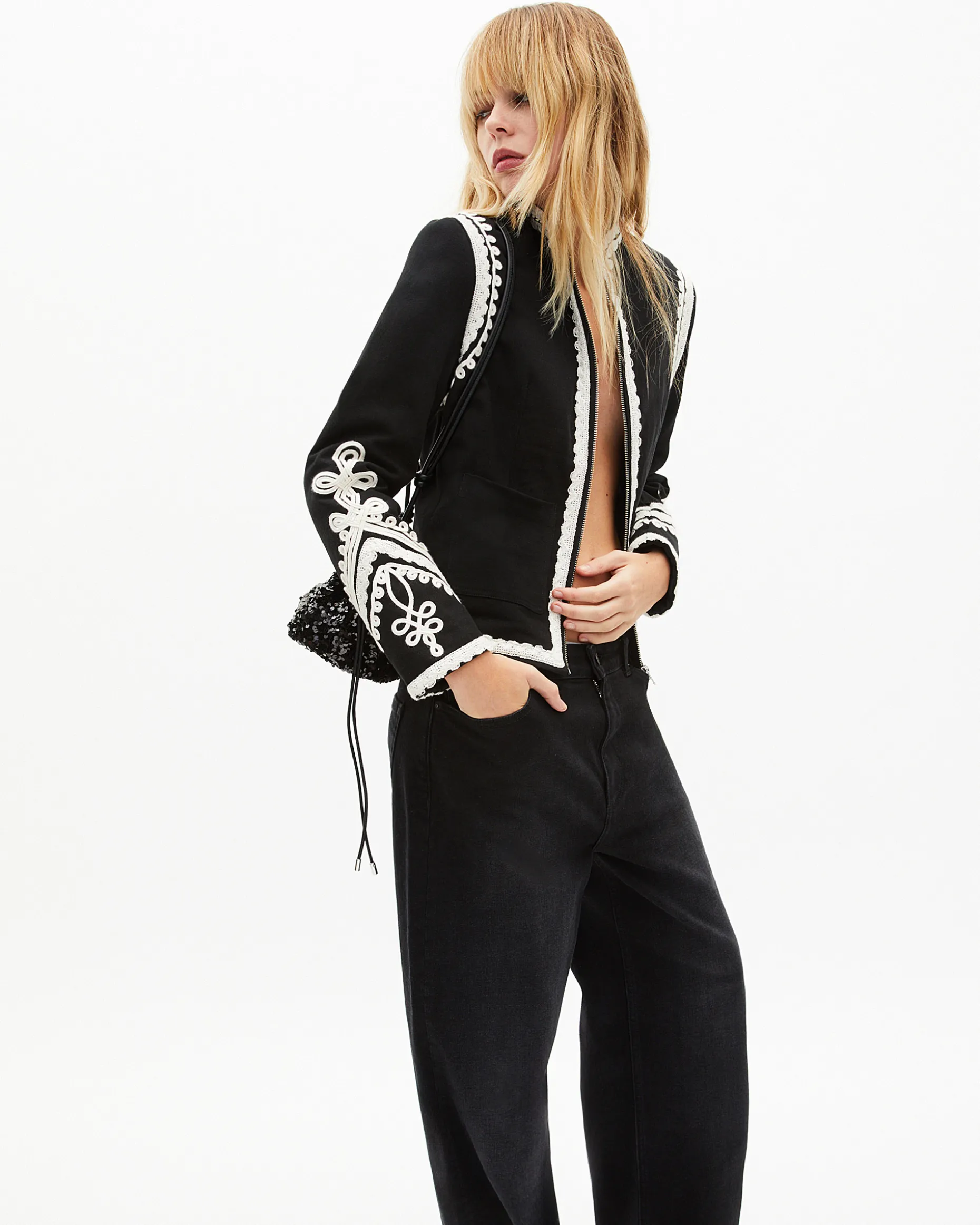 Blouson brodé en coton noir