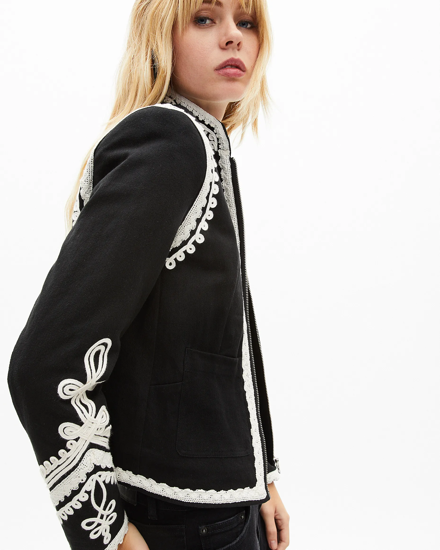 Blouson brodé en coton noir