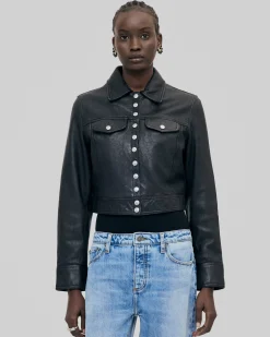 Blouson court en cuir noir