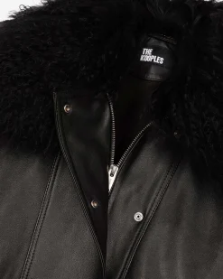 Blouson en cuir avec col fourrure amovible noir