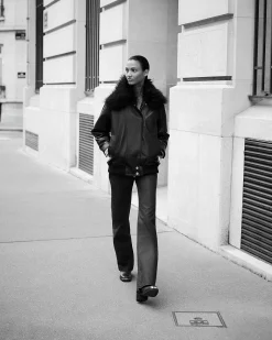 Blouson en cuir avec col fourrure amovible noir