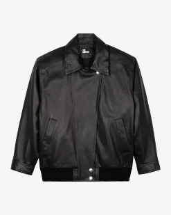 Blouson en cuir avec col fourrure amovible noir