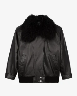 Blouson en cuir avec col fourrure amovible noir