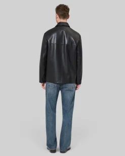 Blouson en cuir à boutons noir