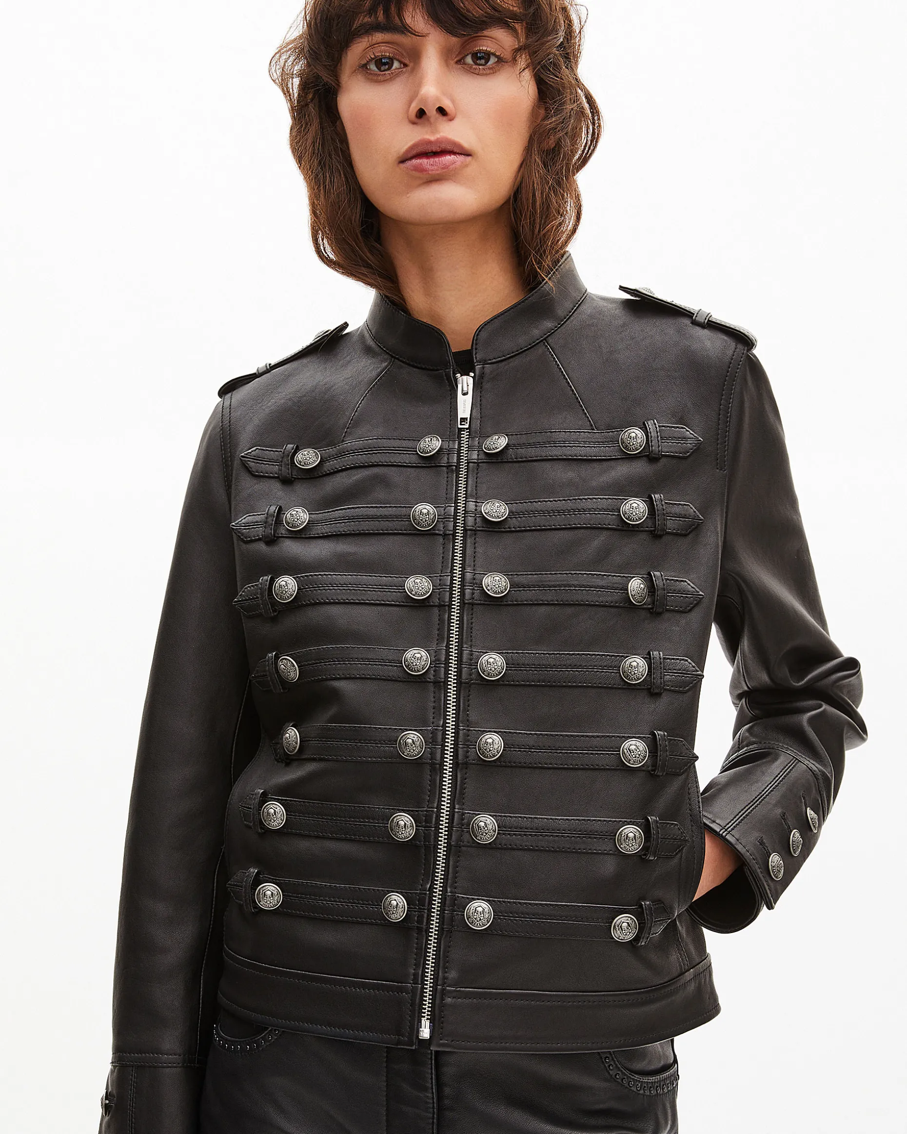 Blouson en cuir style officier noir