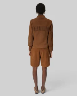 Blouson en cuir suède avec franges camel