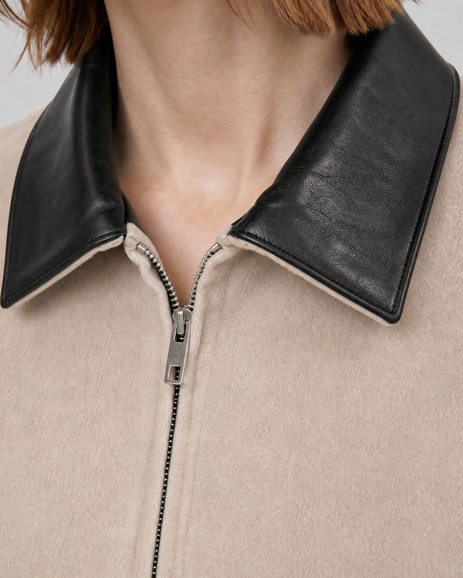 Blouson en laine double face col cuir beige