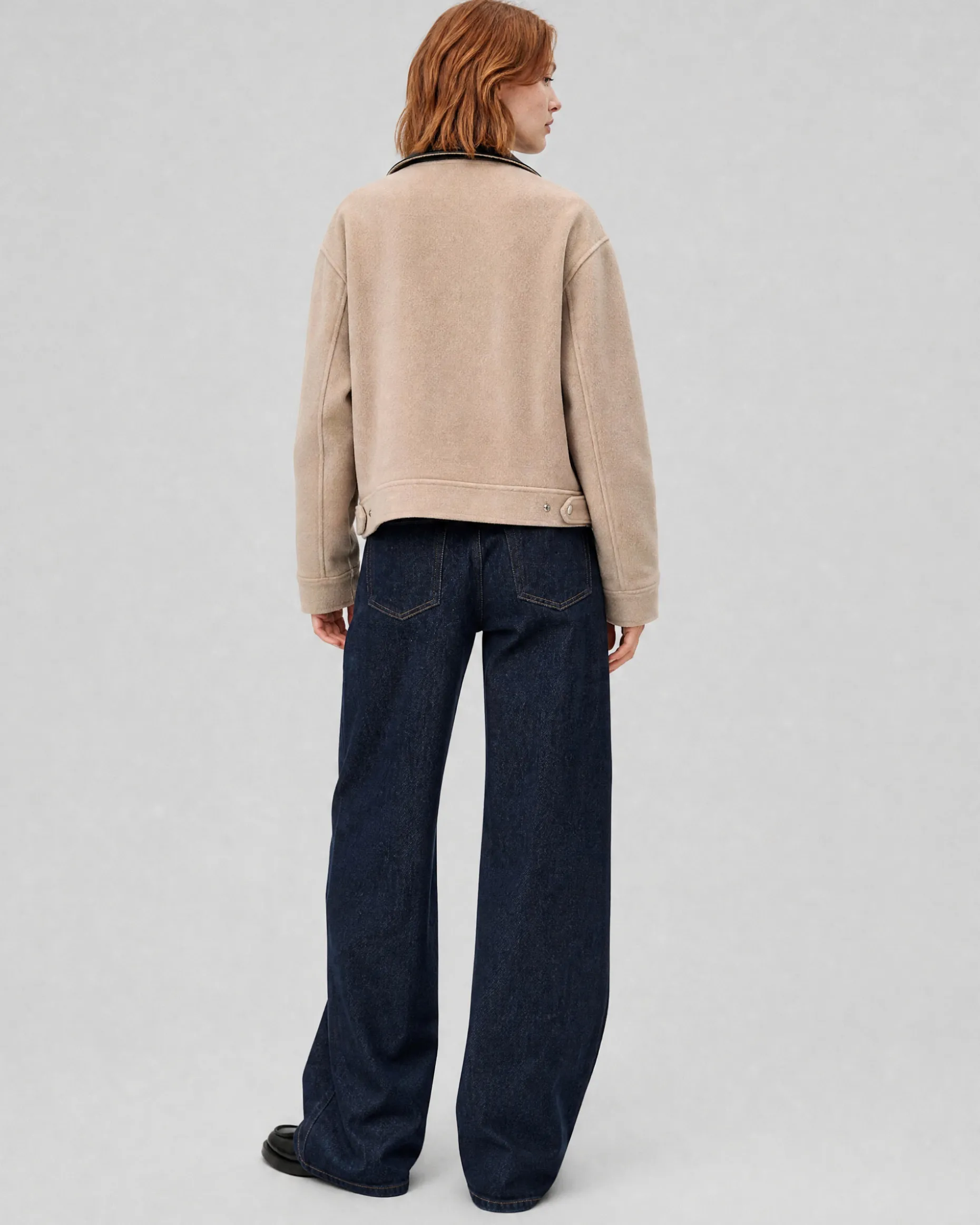 Blouson en laine double face col cuir beige