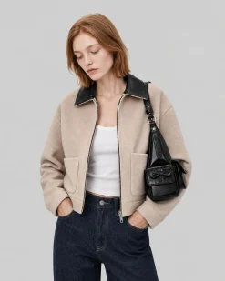 Blouson en laine double face col cuir beige