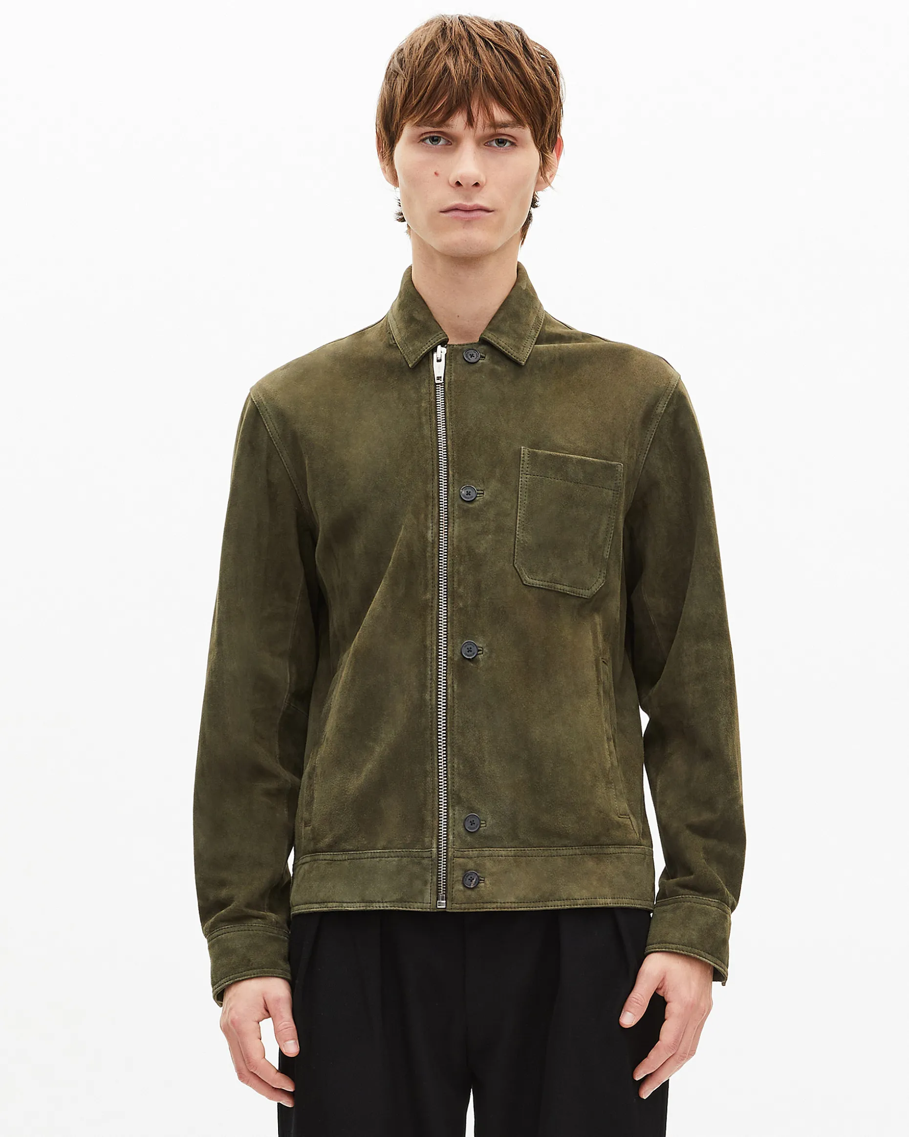 Blouson en suède à zip décalé kaki