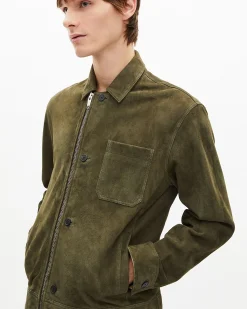 Blouson en suède à zip décalé kaki