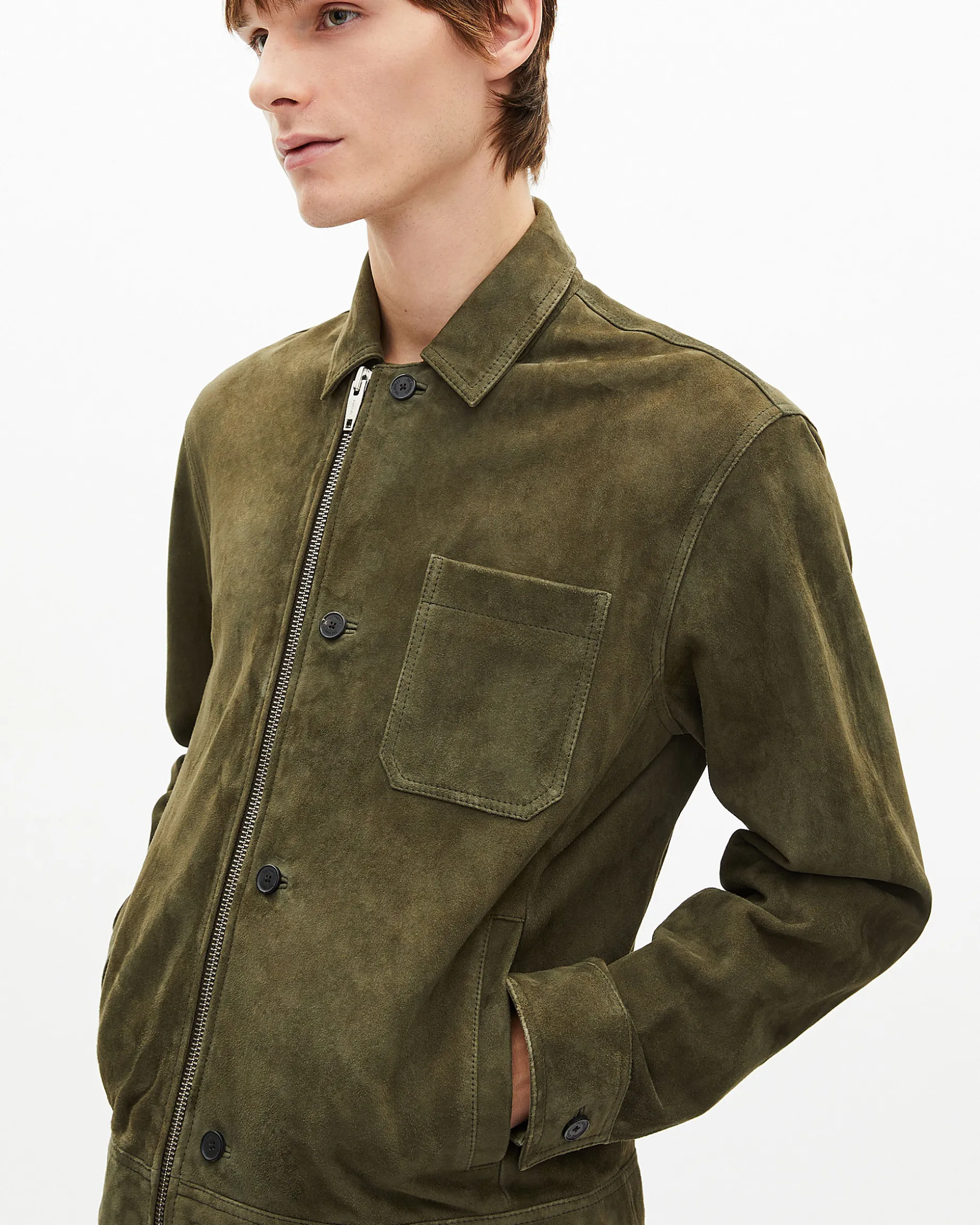 Blouson en suède à zip décalé kaki