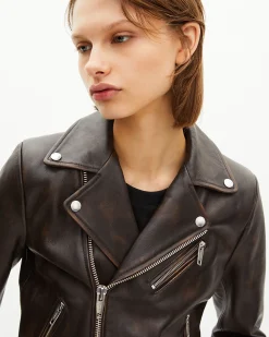 Blouson motard en cuir marron