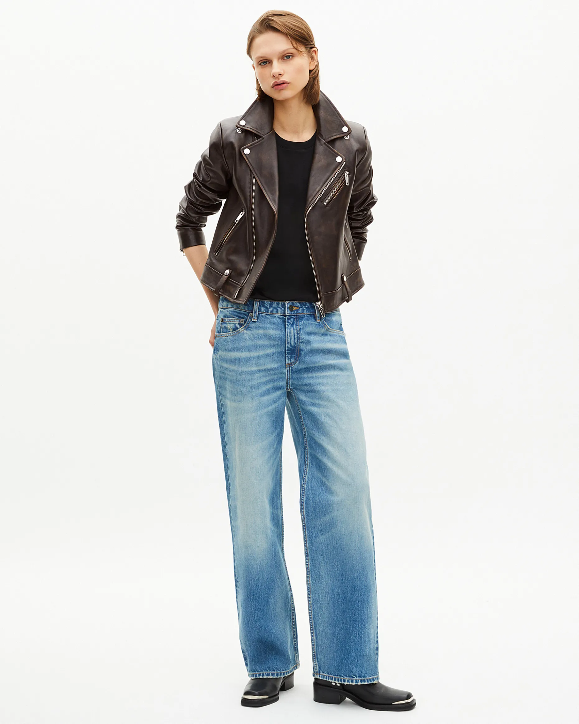 Blouson motard en cuir marron