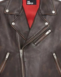 Blouson motard en cuir marron