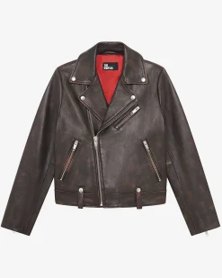 Blouson motard en cuir marron