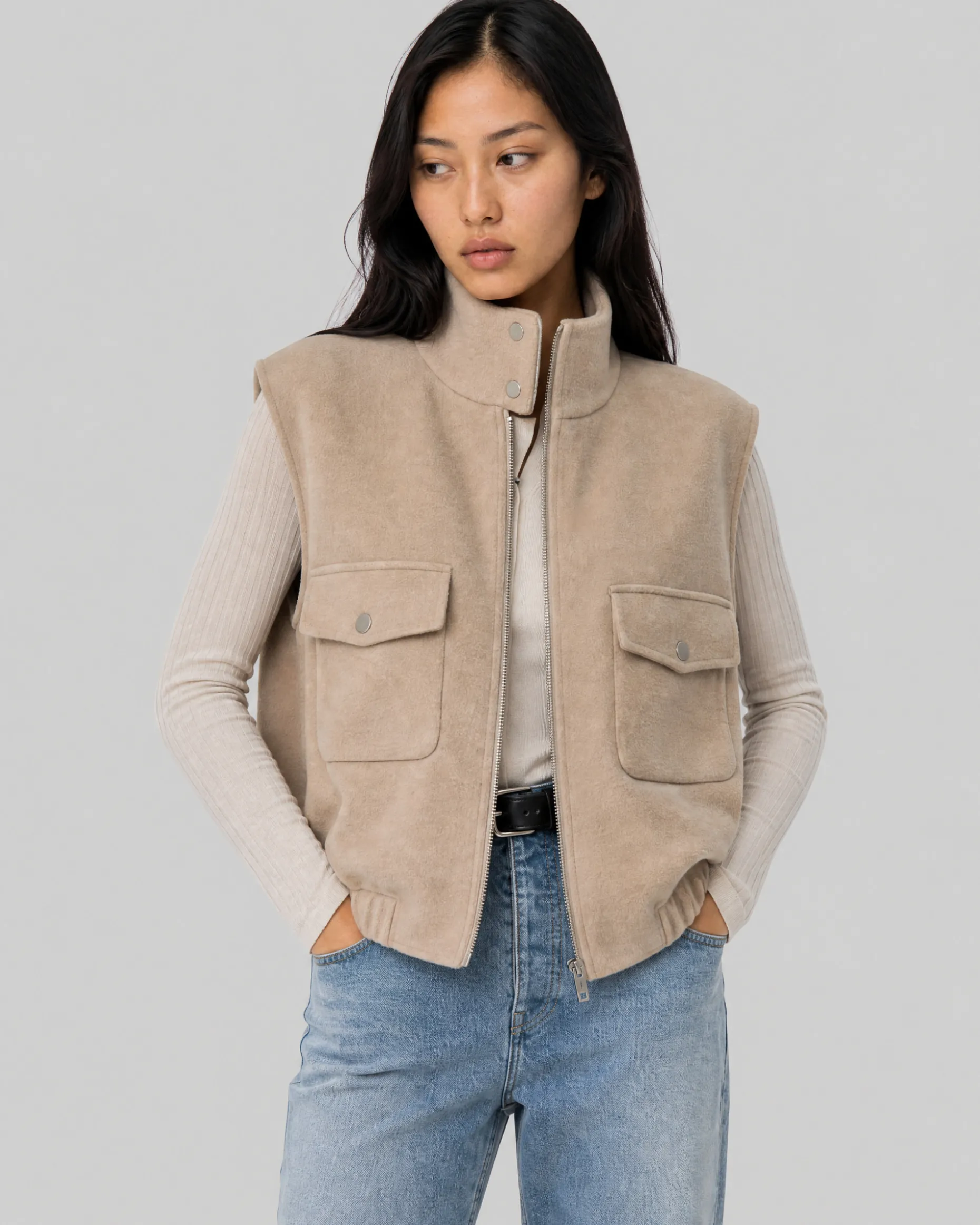 Blouson sans manches en laine double face beige
