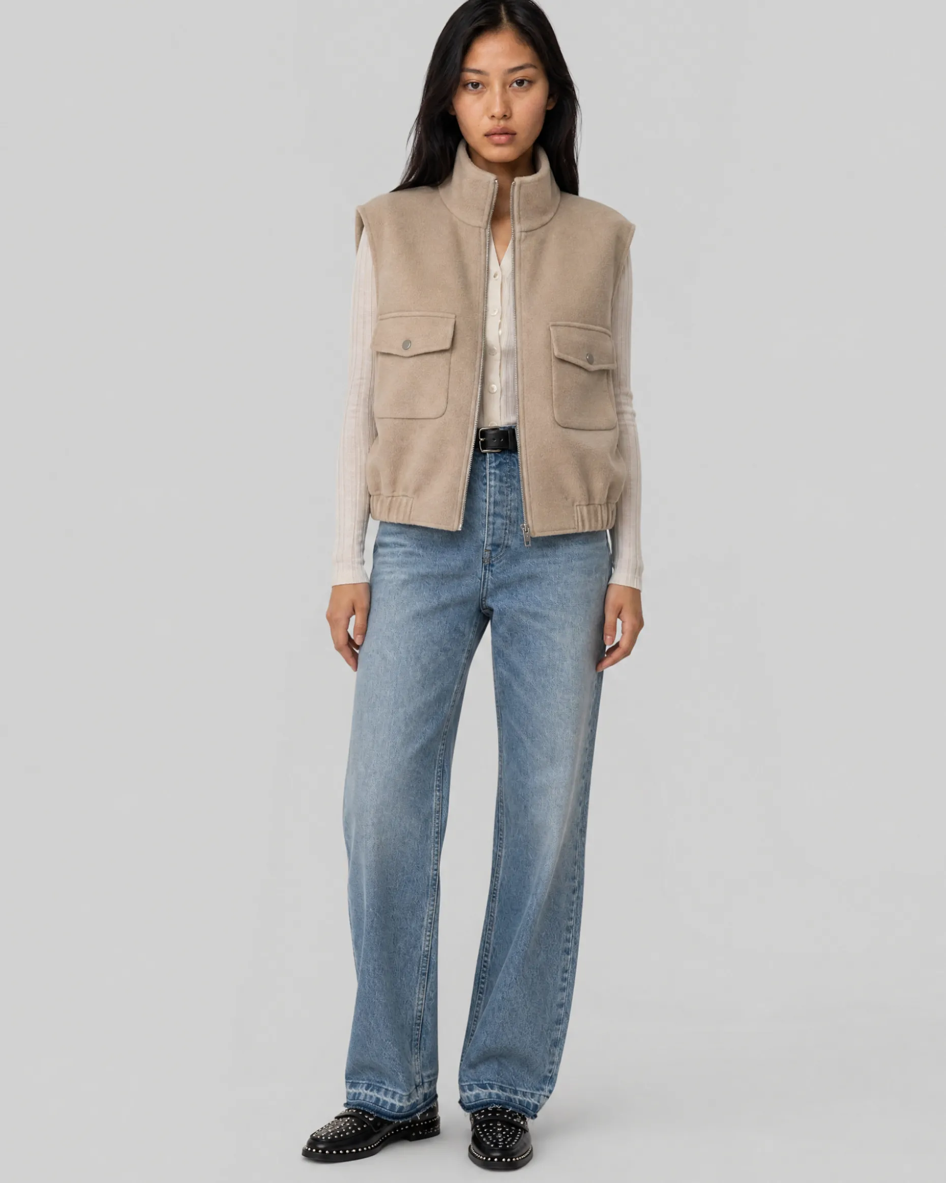 Blouson sans manches en laine double face beige