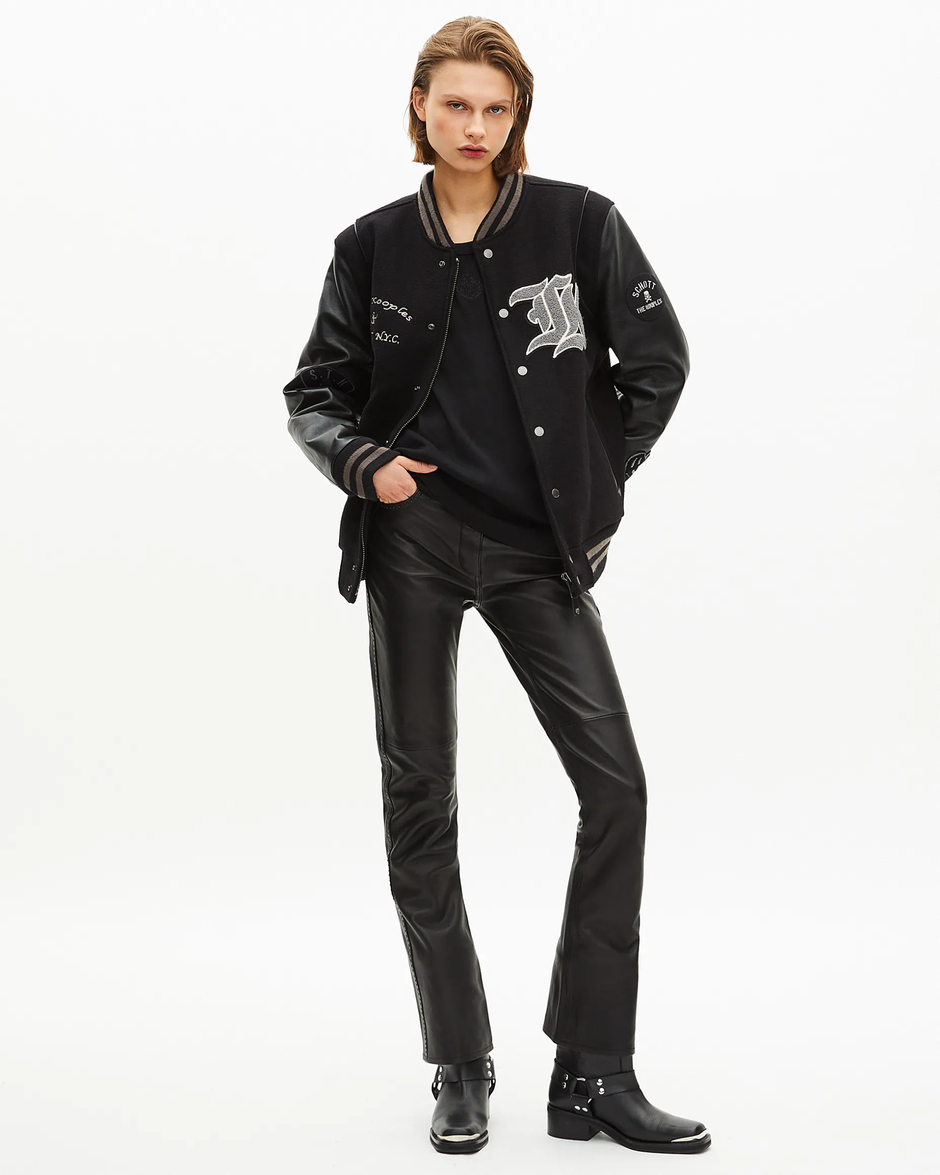 Blouson varsity en cuir noir The Kooples x SCHOTT NYC