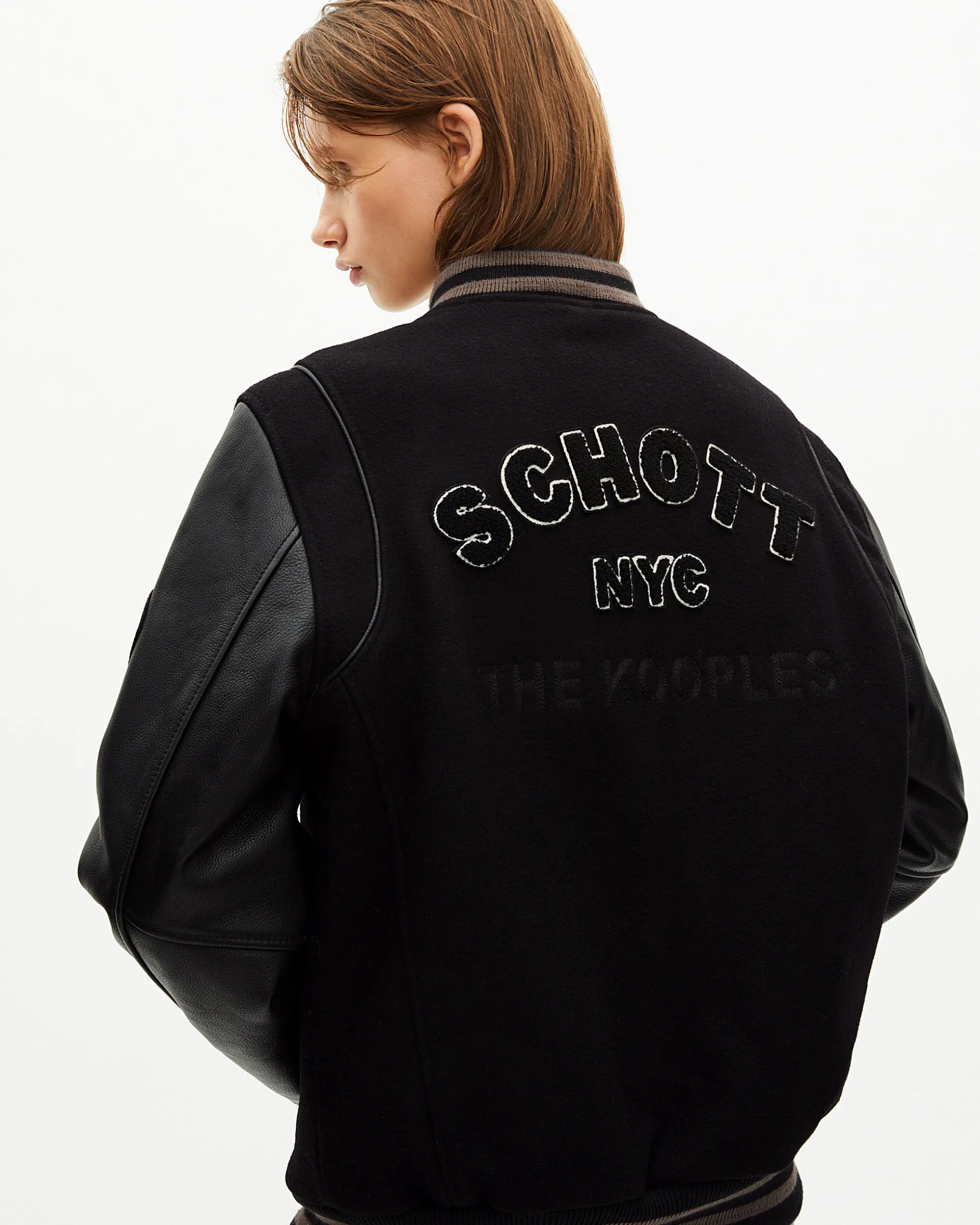 Blouson varsity en cuir noir The Kooples x SCHOTT NYC