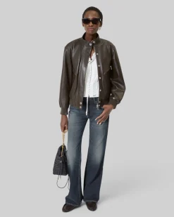 Blouson zippé en cuir marron