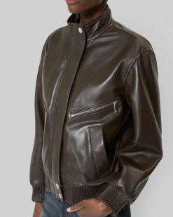 Blouson zippé en cuir marron