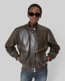 Blouson zippé en cuir marron
