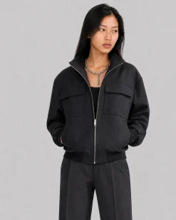 Blouson zippé en laine mélangée noir