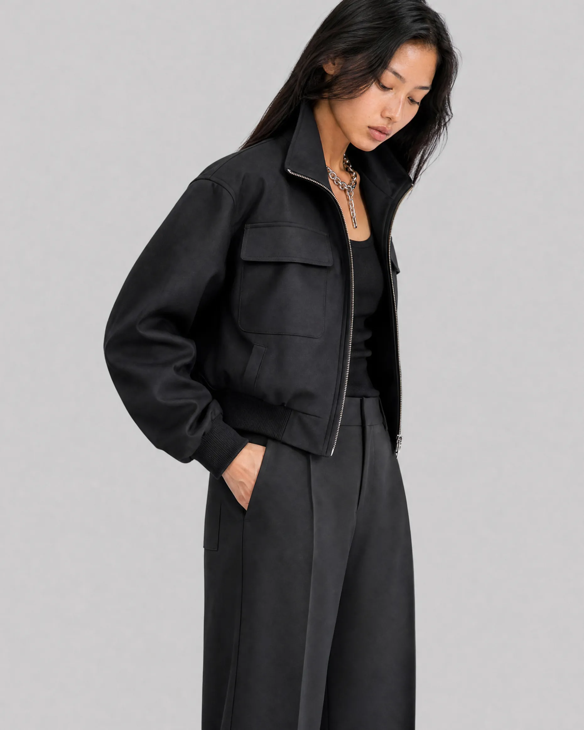 Blouson zippé en laine mélangée noir