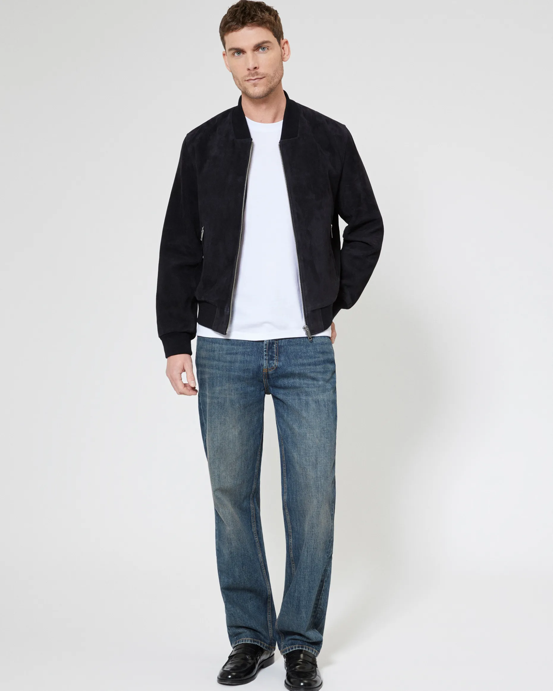 Bombers en suède bleu
