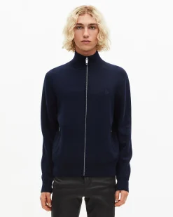 Cardigan en laine double face à zip marine