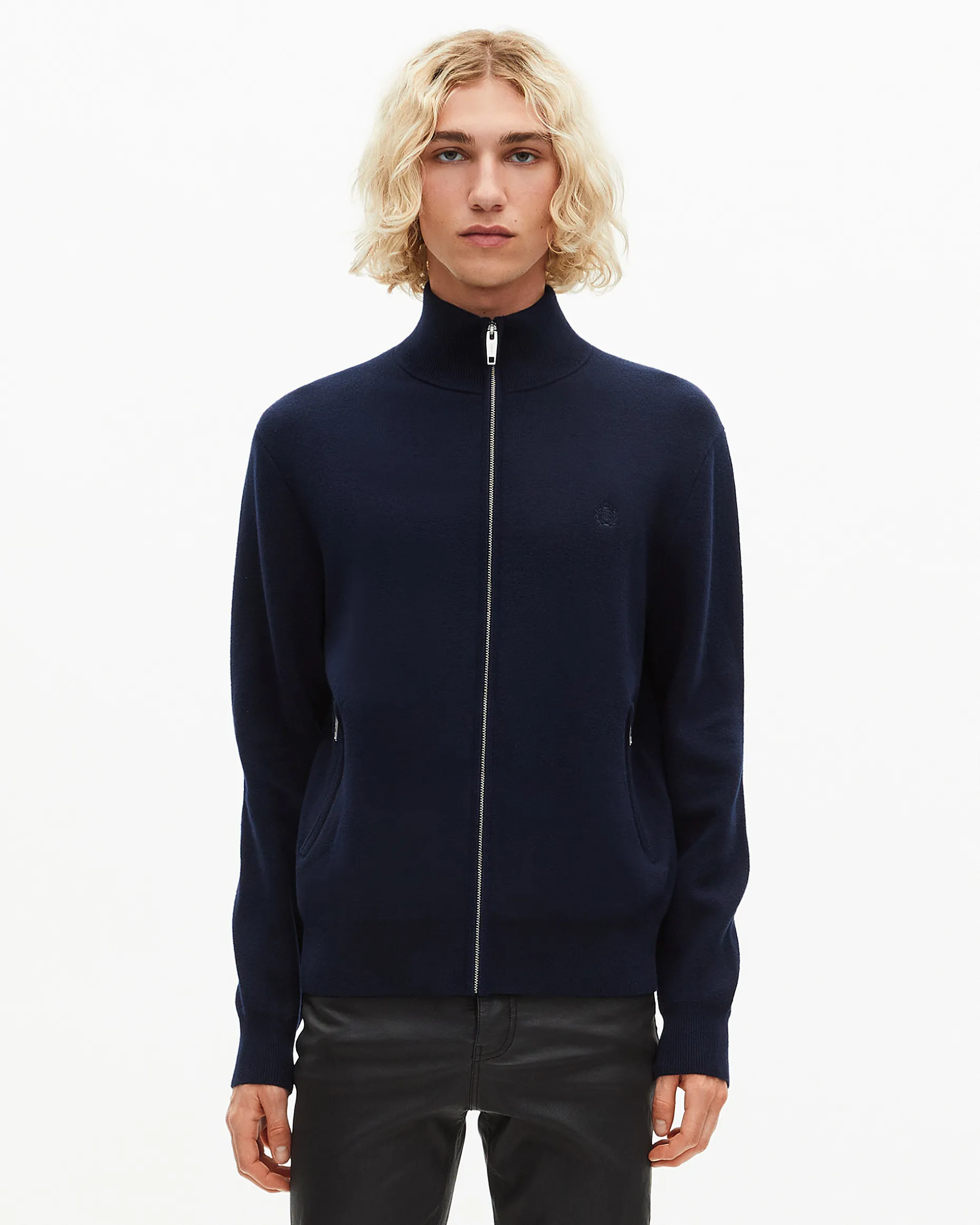 Cardigan en laine double face à zip marine