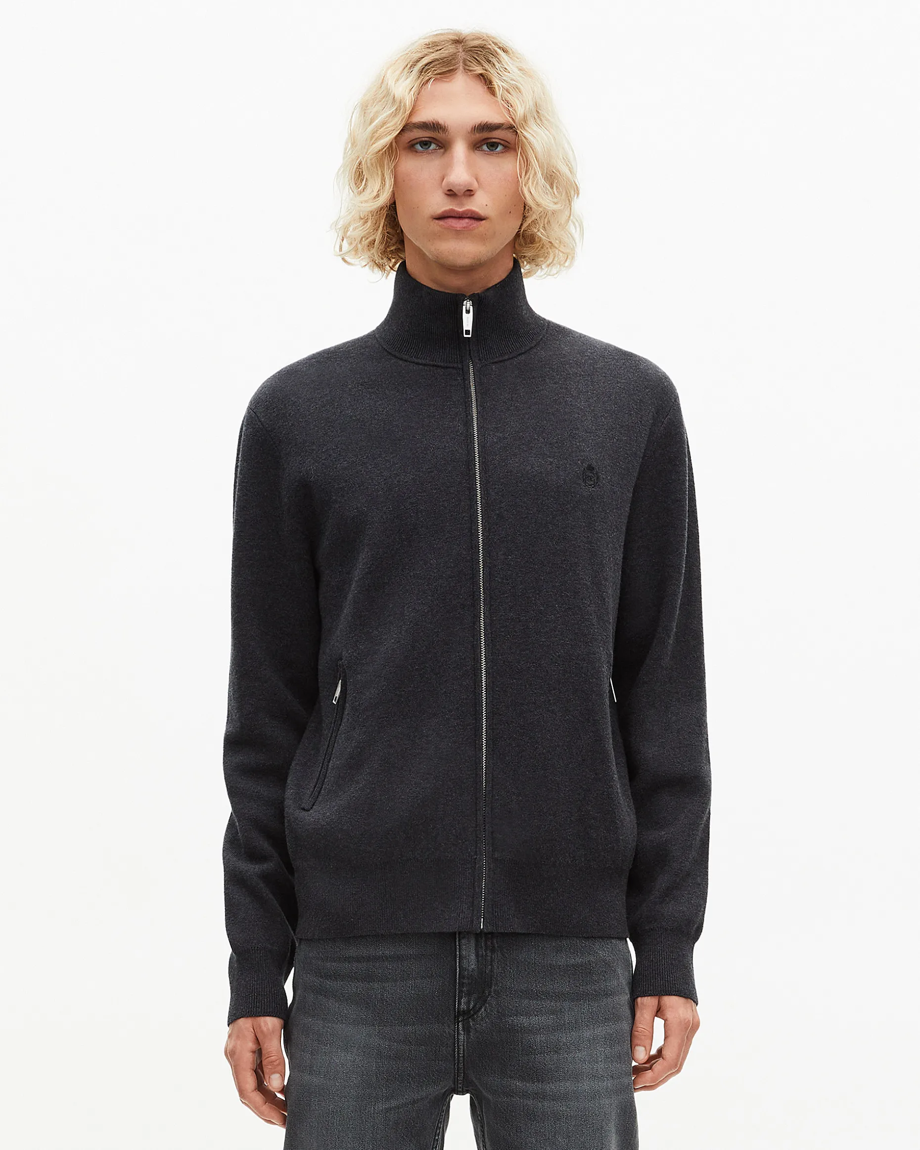 Cardigan en laine double face à zip gris