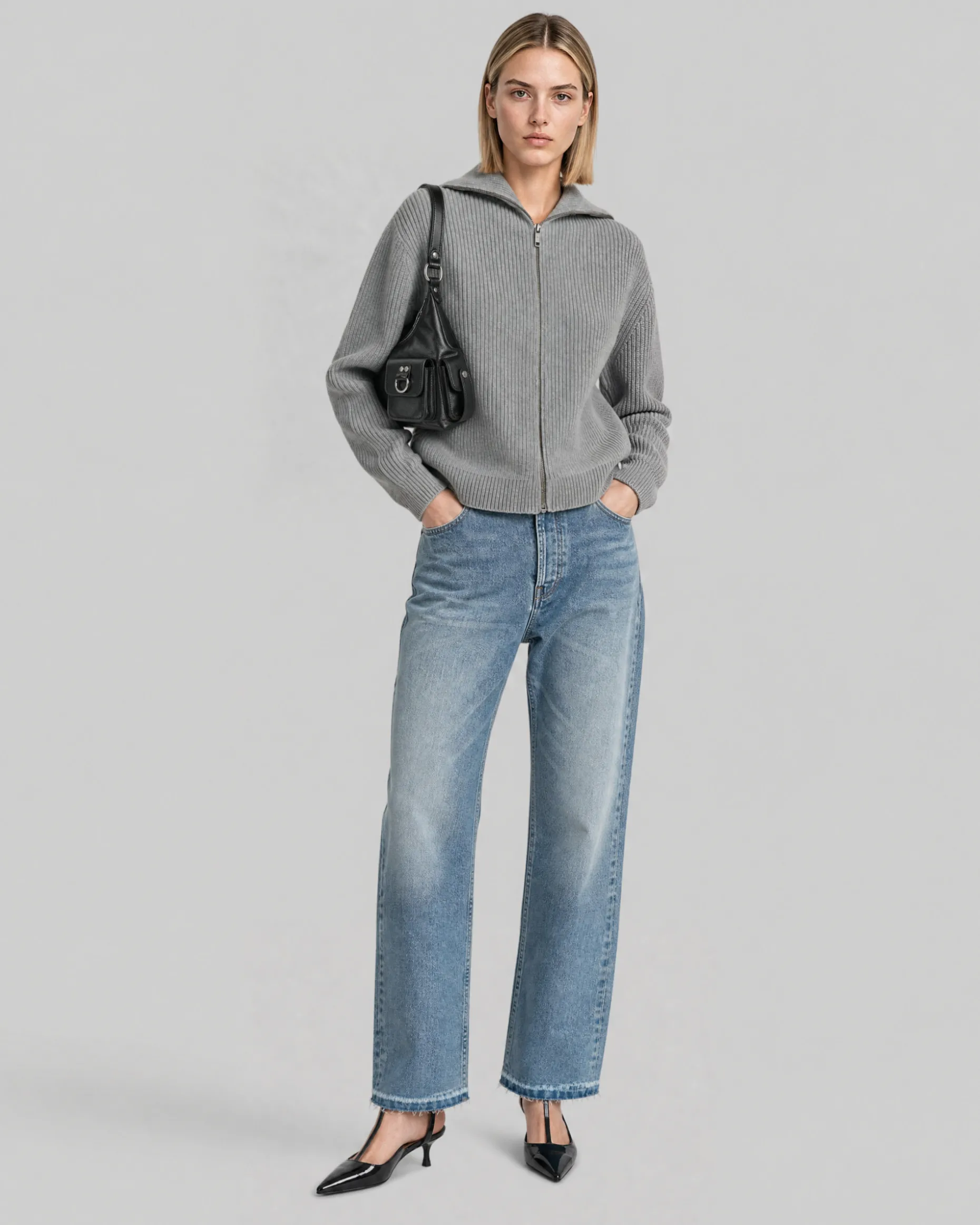 Cardigan zippé en laine mérinos gris