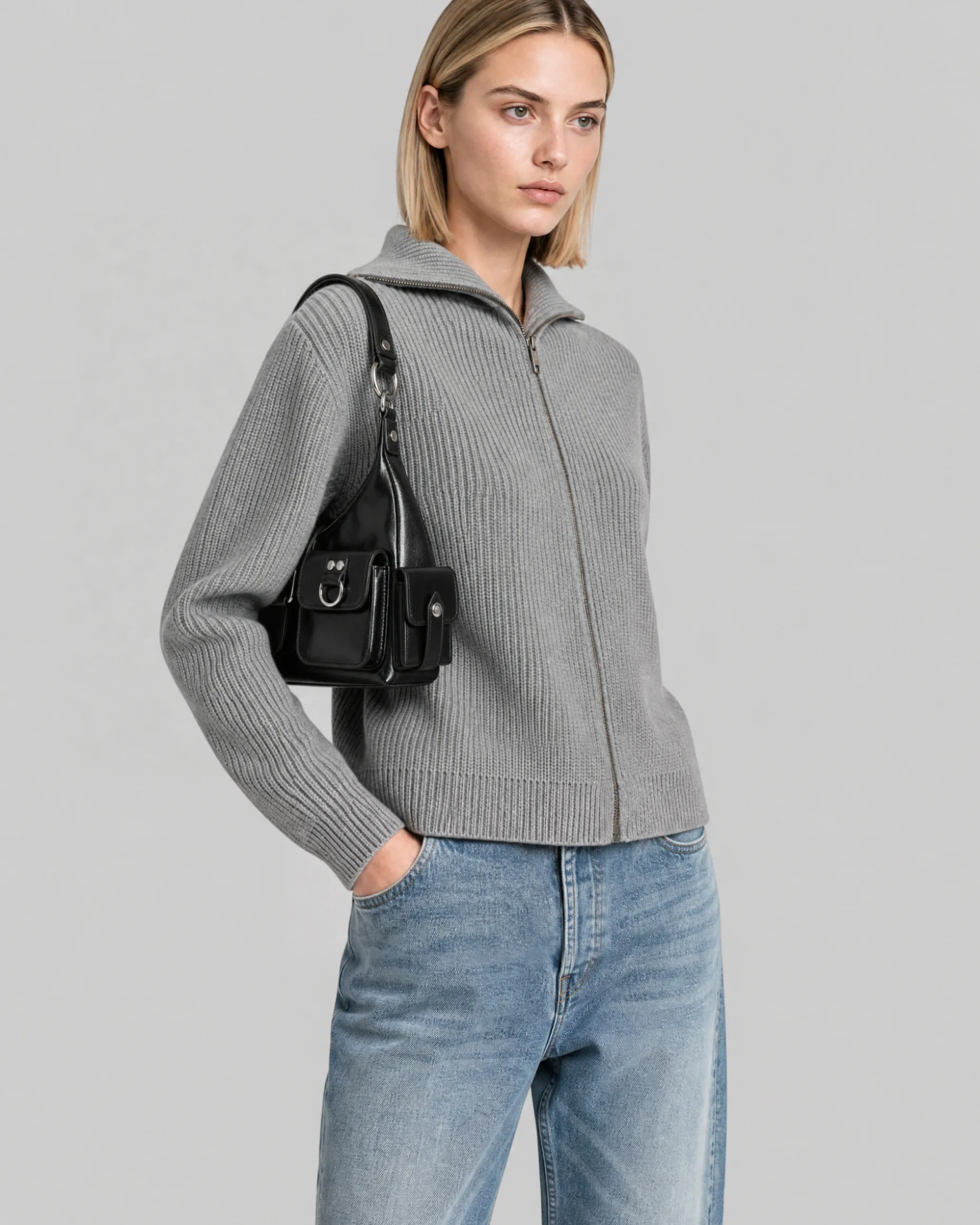 Cardigan zippé en laine mérinos gris