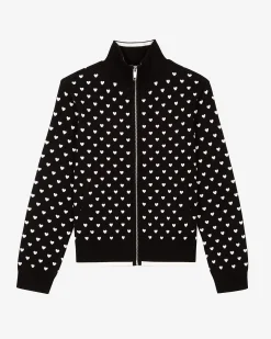 Cardigan zippé imprimé cœurs noir