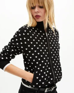 Cardigan zippé imprimé cœurs noir