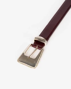 Ceinture boucle western dorée en cuir bordeaux