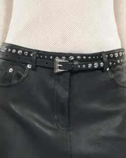 Ceinture fine en cuir avec clous noire