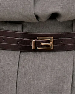 Ceinture fine en cuir effet anguille marron