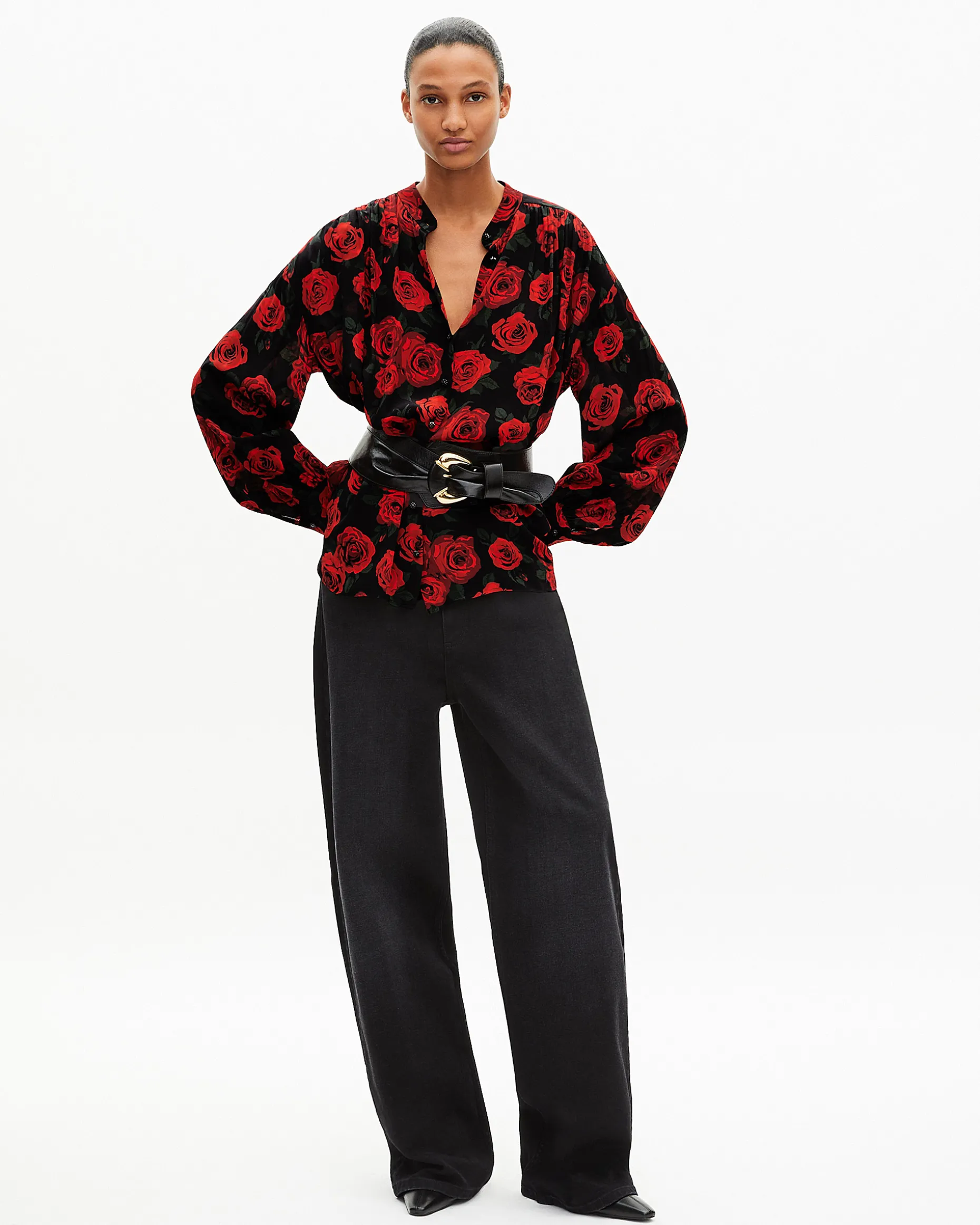 Chemise ample imprimé fleuri noire