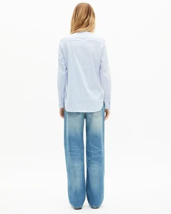 Chemise col lavallière en coton mélangé rayée bleue