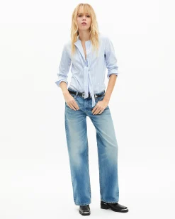 Chemise col lavallière en coton mélangé rayée bleue