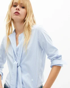 Chemise col lavallière en coton mélangé rayée bleue